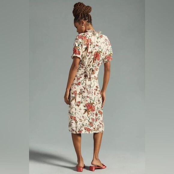 Anthropologie Pilcro Ruffle-Collar Buttondown Dress Cream Floral Boho Size 12 - Picture 11 of 16